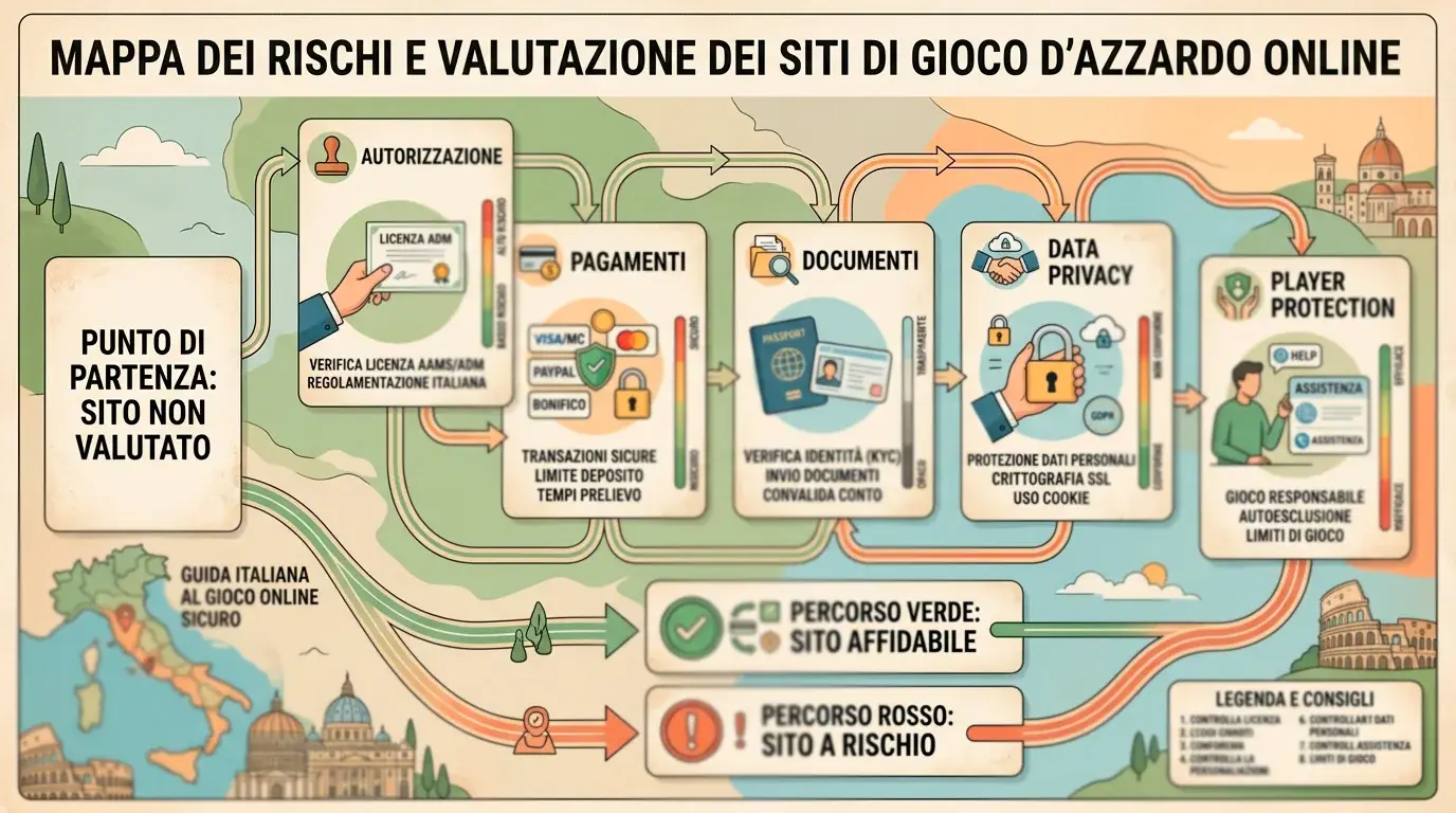 Mappa visiva dei segnali di rischio da valutare prima di usare un sito di gioco